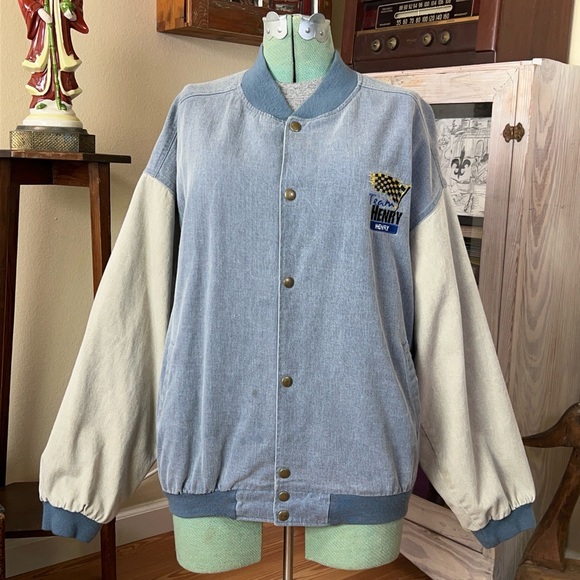 Vintage 90s Denim Bomber Racing Varsity Jacket Beige Sleeves Snap Buttons Retro - Picture 3 of 13